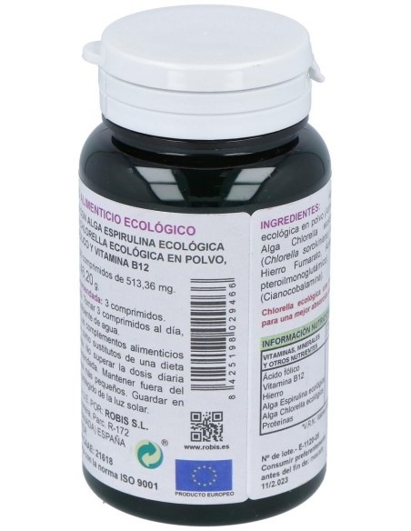 Robis Espirulina+Chlorella +Acido Folico+Hierro+B12 90Comp
