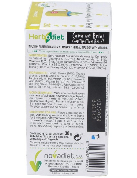 Novadiet Herbodiet Infusión Como Un Reloj, 20 Filtros