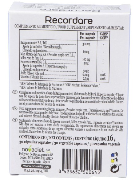 Novadiet Recordare 30 Cápsulas