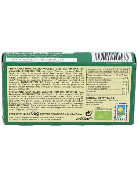 Caldo Vegetal Eco Con Sal Marina Natural 6Pastilla