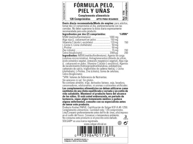 Solgar Fórmula Pelo, Piel y Uñas 120 Comprimidos