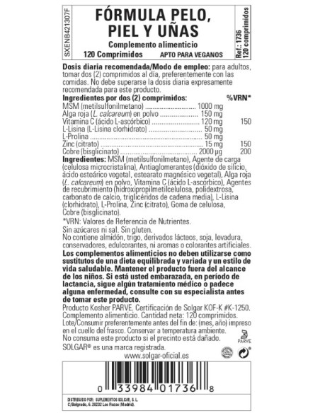 Solgar Fórmula Pelo, Piel y Uñas 120 Comprimidos
