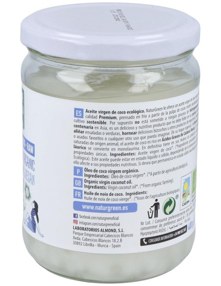 Aceite Virgen De Coco 1ª Presion Frio 400Gr. Bio