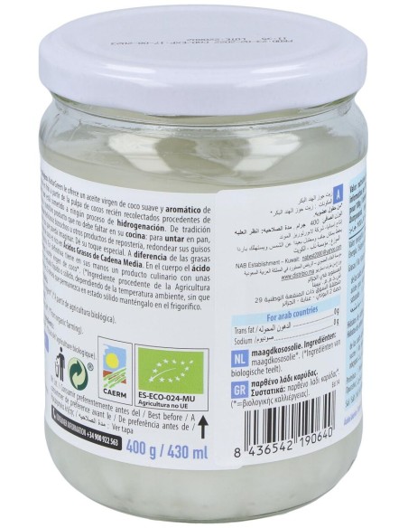 Aceite Virgen De Coco 1ª Presion Frio 400Gr. Bio