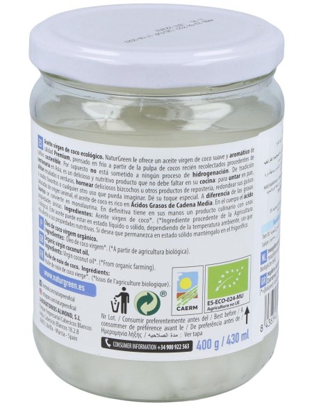 Aceite Virgen De Coco 1ª Presion Frio 400Gr. Bio