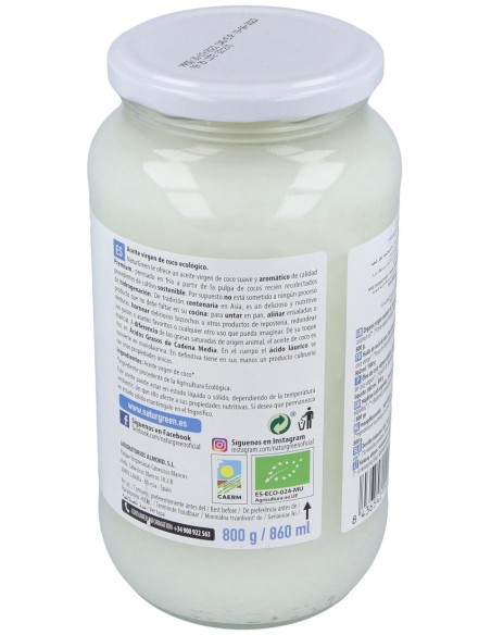 Aceite Virgen De Coco 1ª Presion Frio 800Gr. Bio