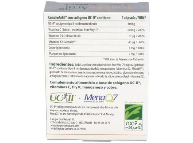 100% Natural Condroartil Con Colágeno Uc-Ii 30...