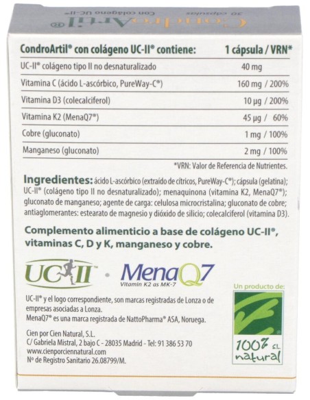 100% Natural Condroartil Con Colágeno Uc-Ii 30 Cápsulas