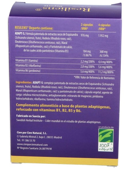 100% Natural Resiliens Deporte 60 Cápsulas