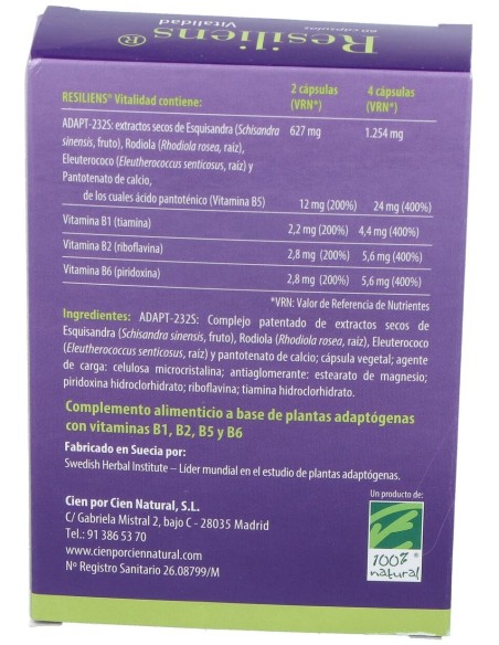 100% Natural Resiliens Vitalidad 60 Cápsulas