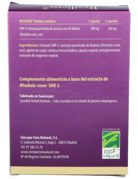 100% Natural Resiliens Rodiola 40 Cápsulas