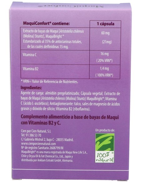 100% Natural Maquiconfort 30 Cápsulas Vegetales