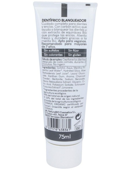 Naturabio Cosmetics Dentifrico Blanqueador Menta Bio Y Carbon Activo 75Ml