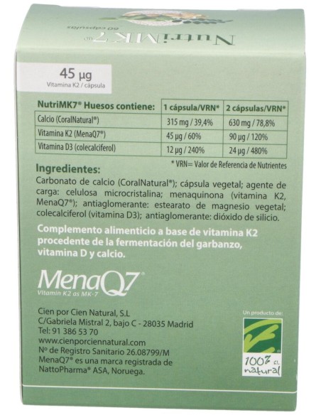 100% Natural Nutrimk7 Huesos 60 Cápsulas Gelatina