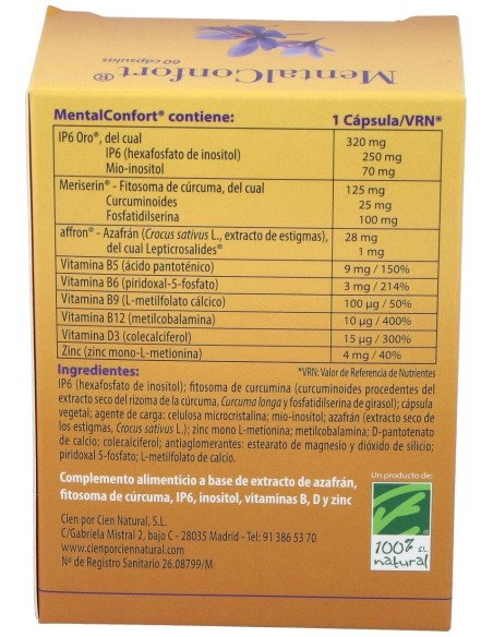 100% Natural Mentalconfort 60 Cápsulas Vegetales