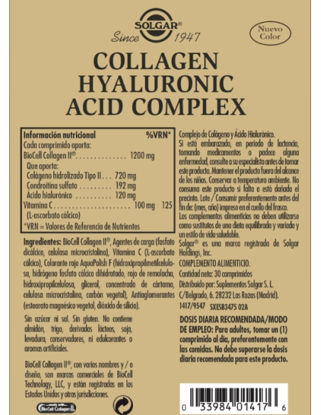 Solgar Collagen Hyaluronic Acid Complex 3 x 30 Comprimidos ¡Triplo!