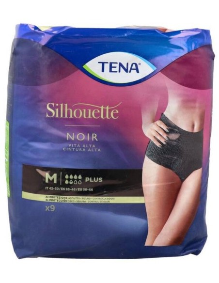 Tena Silhouette Cintura Alta Negro M, 9 Unidades