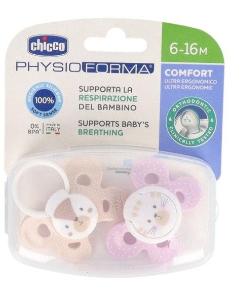 Chicco Physio Comfort Chupete De Silicona De 6-16 Meses Tonos Rosas, 2 Unidades