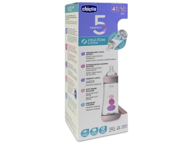 Chicco Biberón Perfect 5 +4 Silicona Rosa, 300 Ml