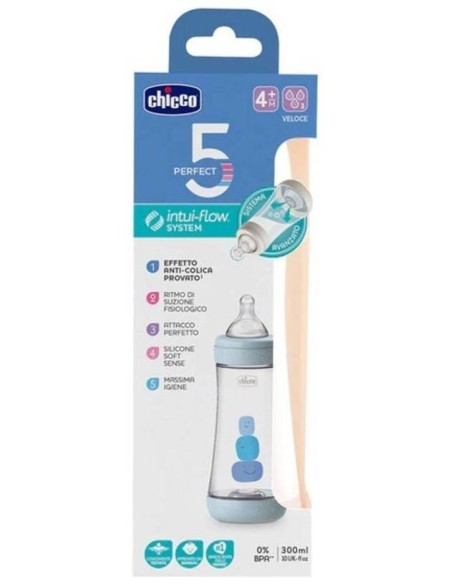 Chicco Biberón Perfect5 4+ Meses Silicona Azul, 300 Ml