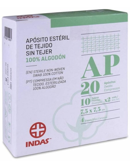 Indas Apósito Estéril Tejido Sin Tejer 100% Algodón 7,5 X 7,5 Cm, 20 Uds
