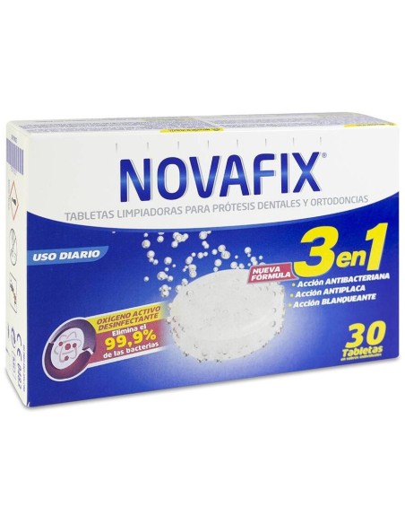 Novafix Tabletas Limpiadoras Prótesis Dental Antibacterianas 3 En 1, 30 Unidades