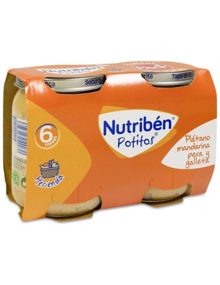 Pack Nutribén Potitos Merienda Plátano Mandarina Pera Galleta, 2 X 190 G