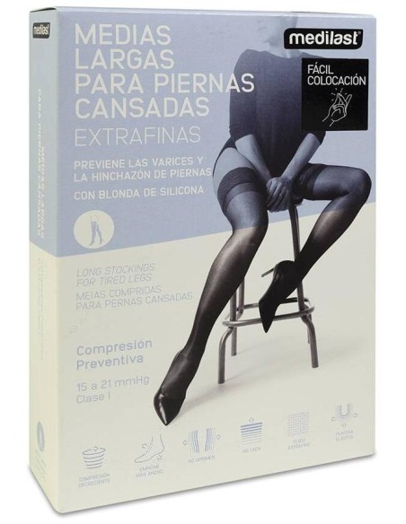 Medilast Medias De Compresión Preventiva Largas Con Blonda Para Piernas Cansadas De Fácil Colocación 421 Negro Talla M, 1 Par