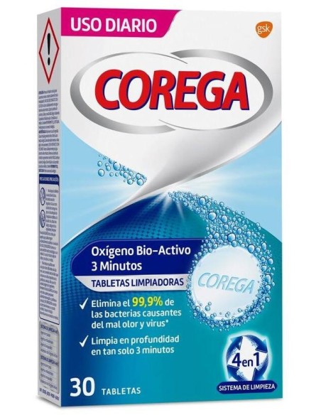 Corega Oxigeno Bio-Activo Limpieza Prótesis Dental, 30 Uds